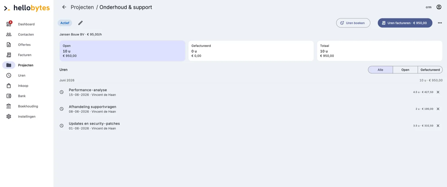 Projectdetail met uren per taak, openstaand bedrag en status