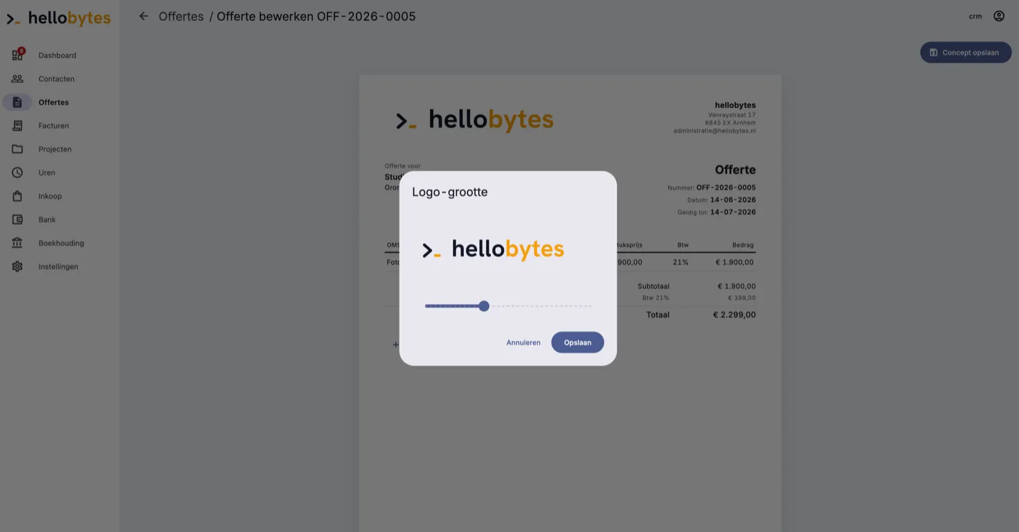 Offerte bewerken met direct voorbeeld van het document en instelbare logo-grootte
