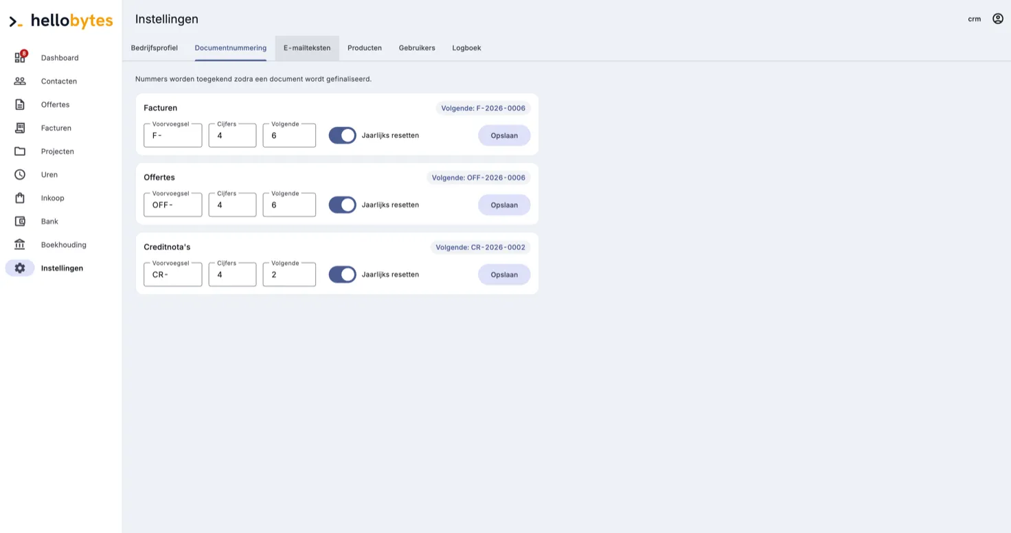 Instellingen voor documentnummering van facturen, offertes en creditnota's