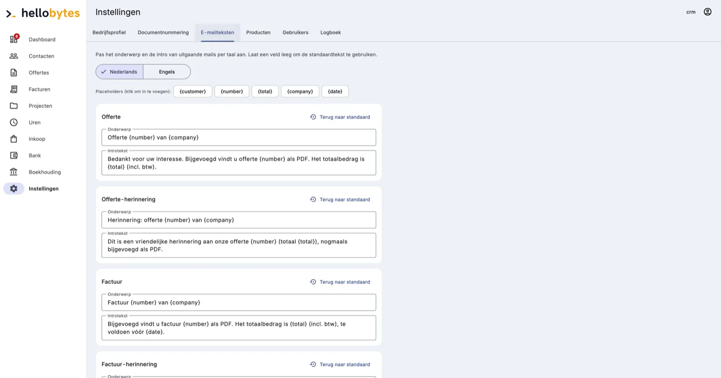 E-mailteksten per taal met variabelen
