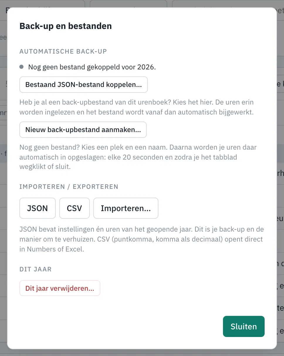 Het venster Back-up en bestanden: bestaand JSON-bestand koppelen, nieuw back-upbestand aanmaken, en de knoppen JSON, CSV en importeren